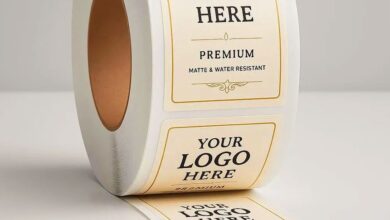 Affordable die-cut roll labels for product packaging showing custom shapes on white background