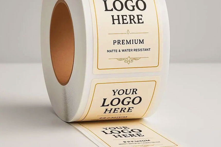 Affordable die-cut roll labels for product packaging showing custom shapes on white background