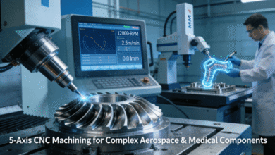 Advanced 5-axis CNC machining center processing a complex aerospace turbine blade, with real-time monitoring system displaying critical parameters (12,000 RPM, ±0.01mm tolerance) while quality engineer performs CMM inspection of medical implant components in background.