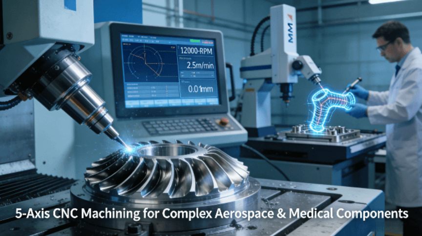 Advanced 5-axis CNC machining center processing a complex aerospace turbine blade, with real-time monitoring system displaying critical parameters (12,000 RPM, ±0.01mm tolerance) while quality engineer performs CMM inspection of medical implant components in background.