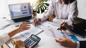 Professional accountants providing tax planning, HMRC compliance, VAT management, ACCA-regulated services, and business growth strategies illustrated on a navy blue corporate infographic.