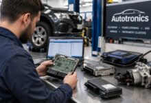Automotive electronics specialist repairing an ECU control module and diagnosing power steering systems at an Autotronics workshop.