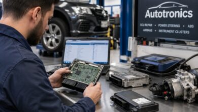 Automotive electronics specialist repairing an ECU control module and diagnosing power steering systems at an Autotronics workshop.