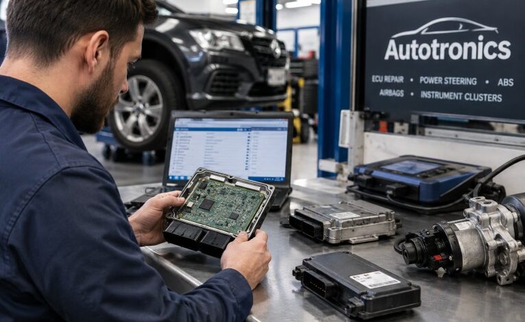 Automotive electronics specialist repairing an ECU control module and diagnosing power steering systems at an Autotronics workshop.
