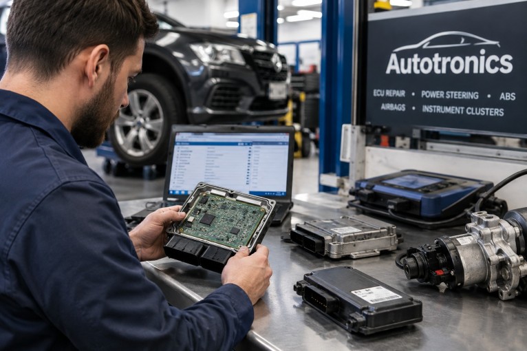 Automotive electronics specialist repairing an ECU control module and diagnosing power steering systems at an Autotronics workshop.