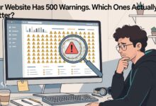 Website audit warning prioritization pyramid showing Tier 1 critical security and broken links, Tier 2 high impact performance and duplicate titles, Tier 3 low priority alt text and meta length issues