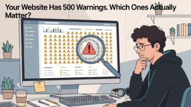 Website audit warning prioritization pyramid showing Tier 1 critical security and broken links, Tier 2 high impact performance and duplicate titles, Tier 3 low priority alt text and meta length issues