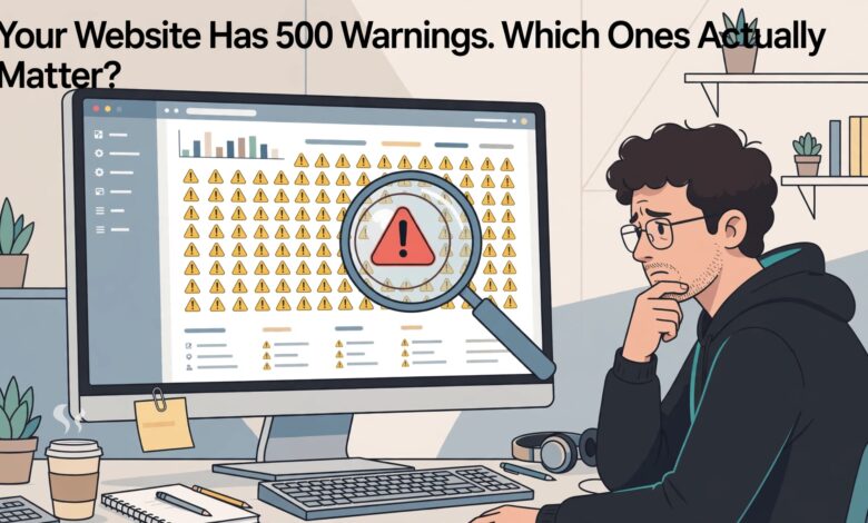 Website audit warning prioritization pyramid showing Tier 1 critical security and broken links, Tier 2 high impact performance and duplicate titles, Tier 3 low priority alt text and meta length issues