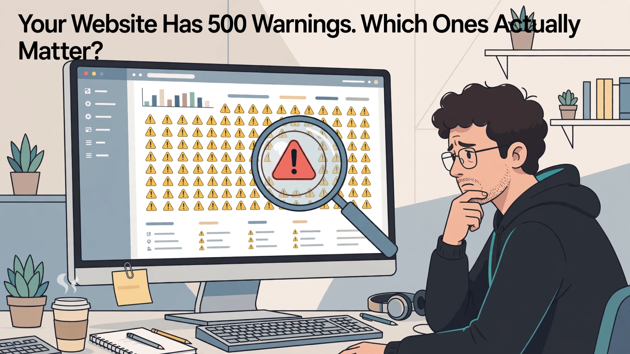Website audit warning prioritization pyramid showing Tier 1 critical security and broken links, Tier 2 high impact performance and duplicate titles, Tier 3 low priority alt text and meta length issues